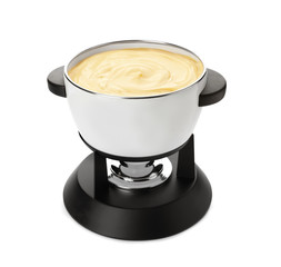 Pot with delicious cheese fondue on white background