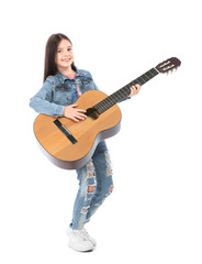 Fototapeta premium Little cheerful girl playing guitar, isolated on white