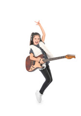 Naklejka premium Emotional little girl with guitar, isolated on white
