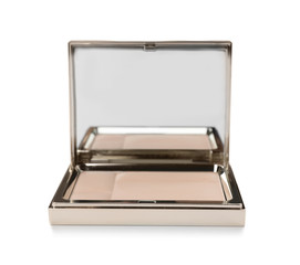 Face powder with mirror on white background. Cosmetic product