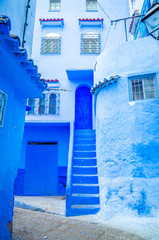 Beautiful street of blue medina in city Chefchaouen,  Morocco, Africa.