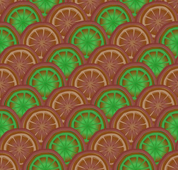 Seamless background with Christmas decorations from dried oranges. For season greeting cards, posters, advertisement, wrapping paper.