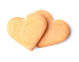 Heart shaped cookies on white background, top view