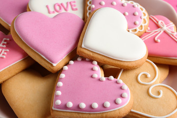 Decorated heart shaped cookies, closeup. Valentine's day treat