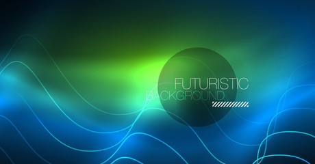 Glowing abstract wave on dark, shiny motion, Christmas and New Year magic space light. Techno abstract background