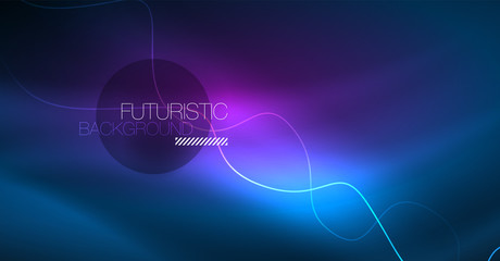 Glowing abstract wave on dark, shiny motion, Christmas and New Year magic space light. Techno abstract background