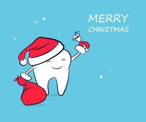 Cute funny cartoon tooth in a Santa Claus hat in red mittens with a bag of gifts and a bell. Vector concept of New Year and Christmas greeting for the dental clinic with space for text.