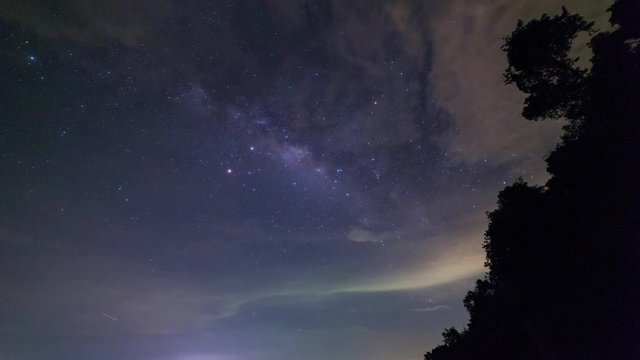 4K Star time-lapse milky way galaxy night sky stars milky way on mountains with trees in foreground 