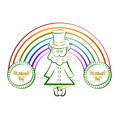 Sketch of a irish elf with a rainbow and saint patrick day coins. Vector illustration design