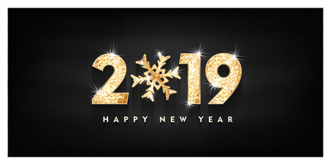 2019 Happy new year. Gold Numbers Design of greeting card. Gold Shining Pattern. Happy New Year Banner with 2019 Numbers on Bright Background. Vector illustration