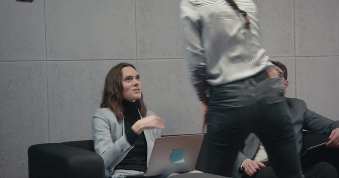 HR managers greeting female job employee, have positive first impression of candidate, happy employers listen to applicant at interview excited of candidature. Recruitment concept. 4K UHD