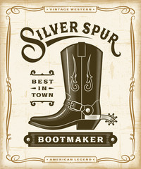 Vintage Western Bootmaker Label Graphics. Editable EPS10 vector illustration in woodcut style. - obrazy, fototapety, plakaty
