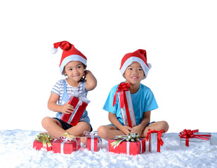Obraz premium portrait of happy little asian boy and girl with Many gift boxes isolated on white background