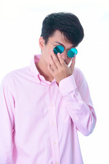 Closeup Asian man wearing fashionable sunglasses , black hair and short hair on white blackground , handsome Asian young man  business man outdoors lifestyle.