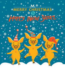 Christmas card with three yellow pigs. Very cute pigs in holiday hats rejoice in falling snow. Cute illustration with cartoon pigs. Merry Christmas and Happy New Year! Year of the Pig 2019.
