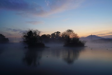 朝靄と池の中に浮かぶ浮島公園の風景