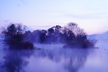 Naklejka na ściany i meble 朝靄と池の中に浮かぶ浮島公園の風景