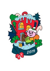 Vector Christmas illustration. The piggy came to the house with presents.