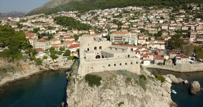 Fort Lovrijenac in Dubrovnik, Croatia. the camera slowly pulls back to reveal a wide shot of the entire Fort
