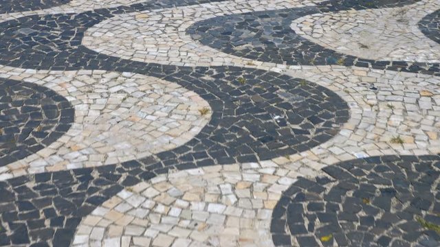 Walking on famous Copacabana sidewalk mosaic, low angle, Rio de Janeiro