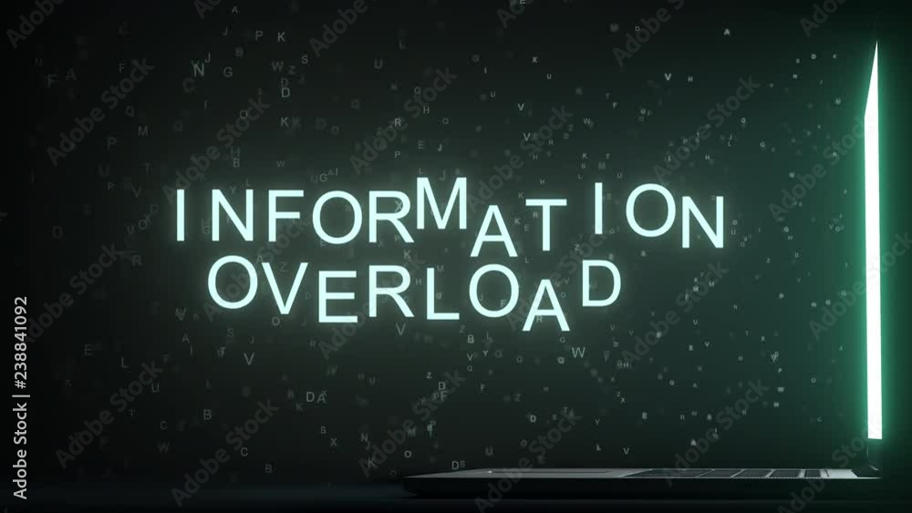 Poster information overload text appearing near laptop screen. conceptual 3d animation