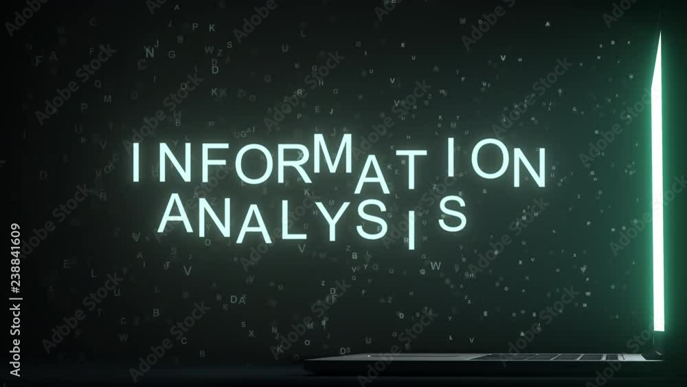 Poster letters leaving laptop display form information analysis text. 3d animation