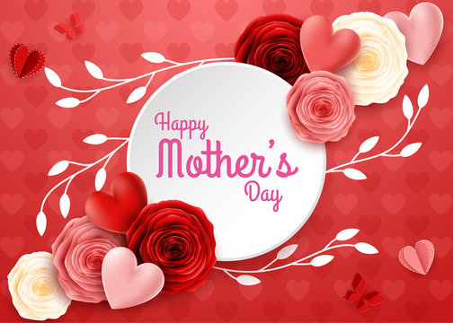 Happy Mother's Day with rose flowers and hearts background