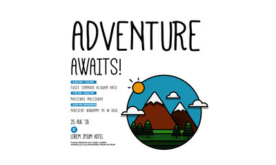 Adventure Awaits Mountains With Trees Clouds and Sun  Invitation Design with Where and When Details