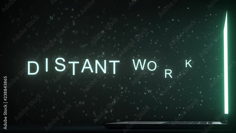 Poster letters leaving computer screen form distant work text, 3d animation