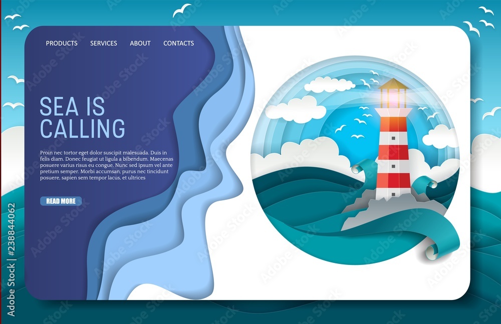 Poster vector paper cut lighthouse landing page website template