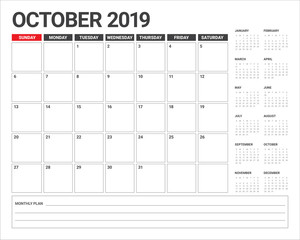 October 2019 monthly calendar vector illustration