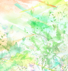 Watercolor bouquet of flowers, Beautiful abstract splash of paint, fashion illustration.Orchid flowers, dew, cornflower, green peony, rose, field or garden flowers. Watercolor abstract. Summer card