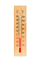 Wooden thermometer isolated on white background. Thermometer shows air temperature minus 16 degrees celsius or plus 3 degrees fahrenheit
