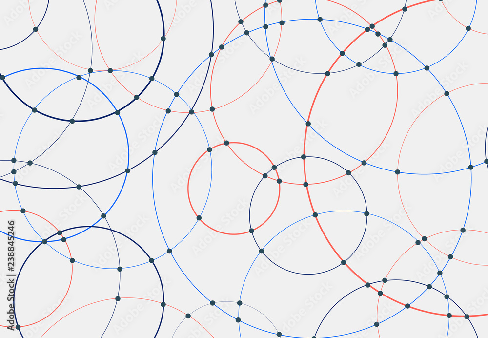 Poster abstract blue and red circles lines round overlay white background and connecting dots technology co