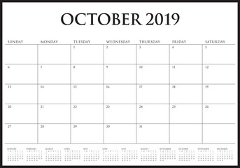 October 2019 monthly calendar vector illustration