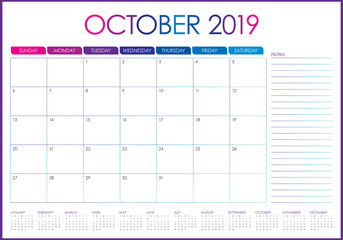 October 2019 monthly calendar vector illustration