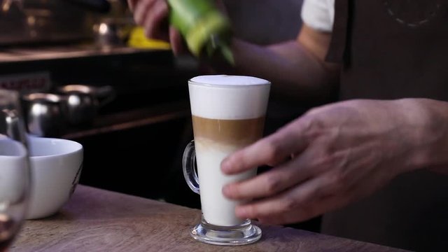 Coffee Drink. Barista Preparing Latte At Coffee Shop Closeup