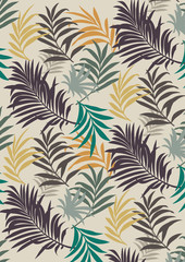 Colorful tropical leaves pattern style, flat line vector illustration on light brown background.