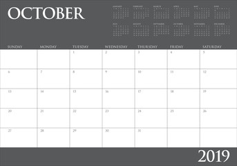 October 2019 monthly calendar vector illustration