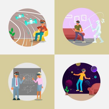 Virtual reality technology set vector flat illustration