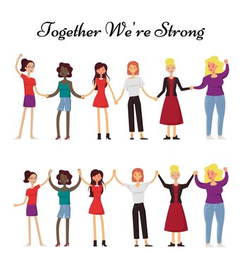 Women holding hands together, vector flat illustration