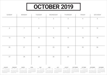 October 2019 monthly calendar vector illustration