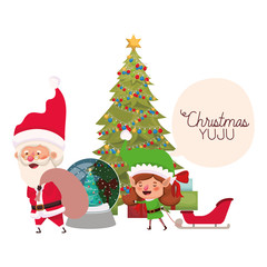 santa claus and elf woman with christmas tree