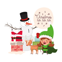 santa claus and elf woman with snowman