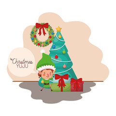 elf with christmas tree and gifts