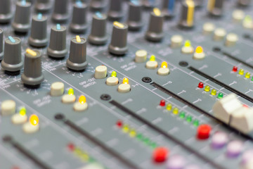 Close up Mixing Console of a big HiFi system, The audio equipment and control panel of digital...