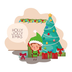 Obraz na płótnie Canvas elf with christmas tree and gifts