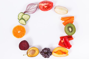 Fresh fruits and vegetables on white background. Healthy lifestyles and nutrition concept