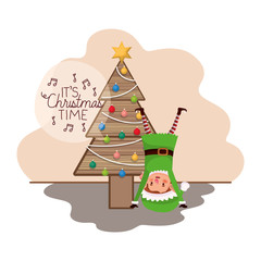 elf with christmas tree on wood