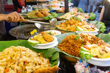 Thai street foods, Thai foods style Rice and Curry at market Bangkok of Thailand.